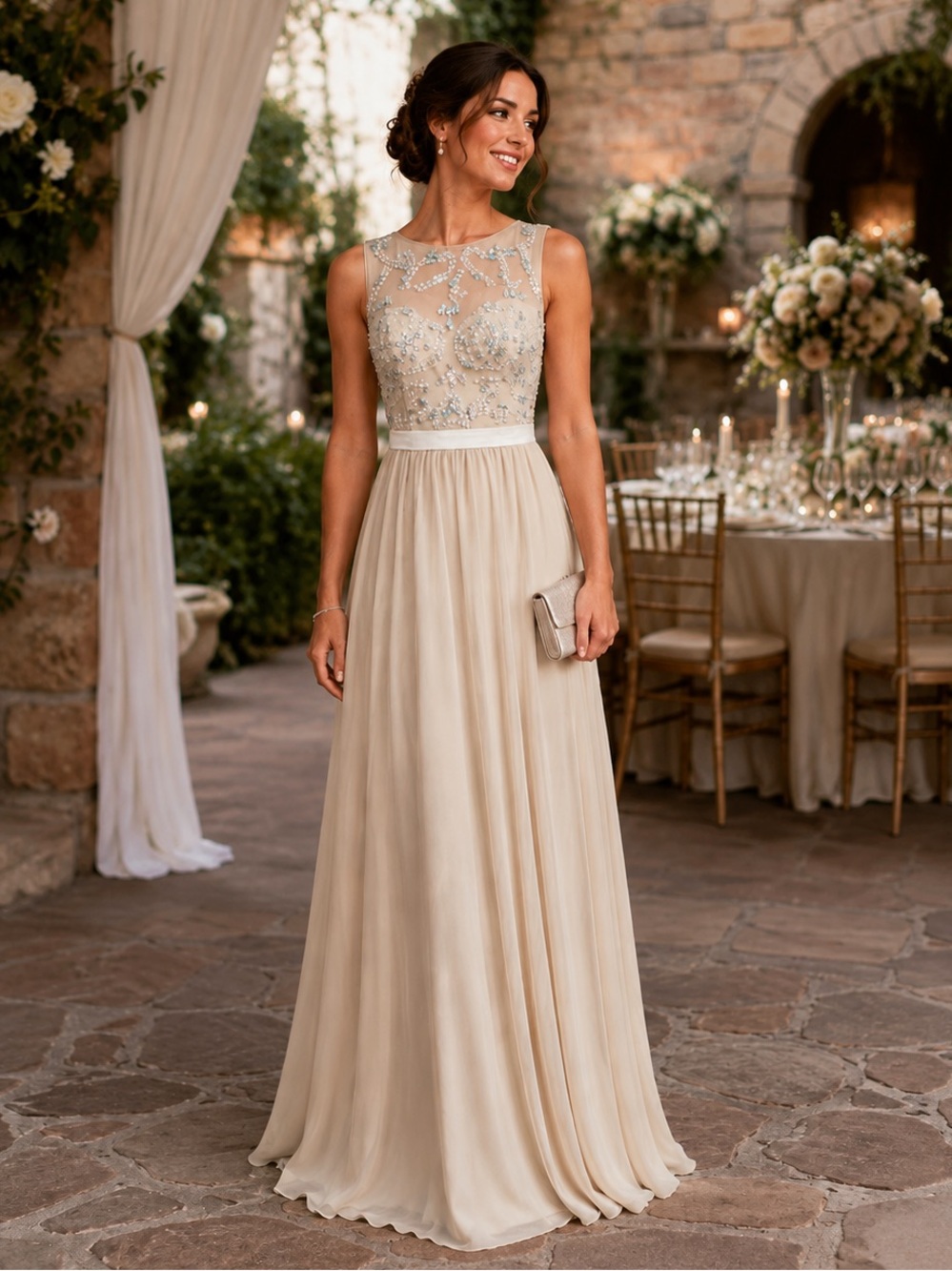 DYLAN QUEEN Women's Champagne Jewel Embellished Sleeveless Formal Maxi Dress 12
